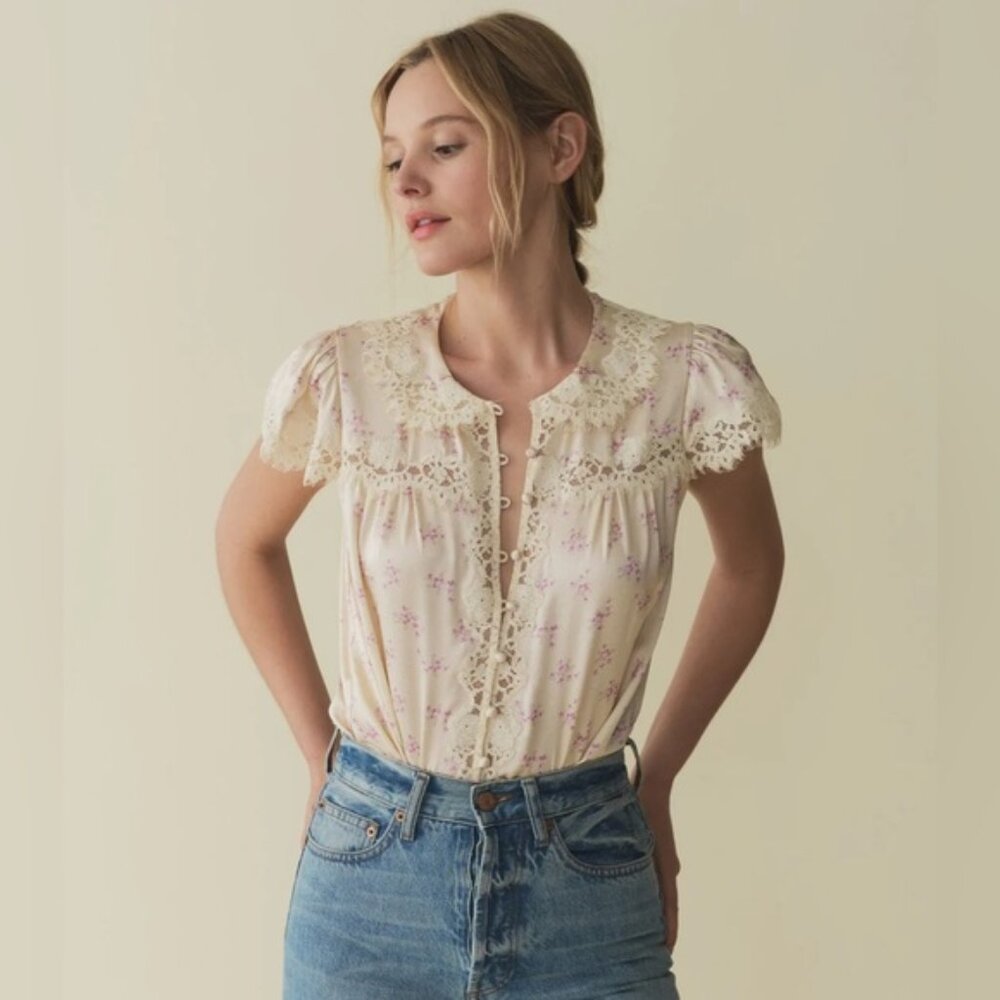 Doen Josephine Top in Rose Hillside Heather print silk (Size S)